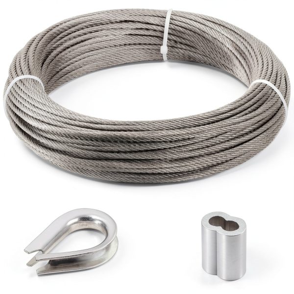 Okllen 1/8" (3MM) Wire Rope, 100FT Stainless Steel Cable, 7x7 Strand Core Metal Wire Cable with 18Pcs Aluminum Crimping Sleeves and 10Pcs Thimbles for Deck Railing Stair Handrail Balusters Clothesline-1