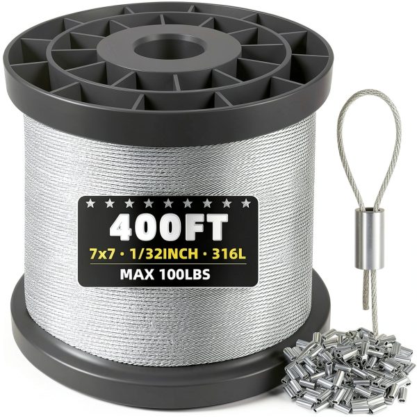 316 Stainless Steel Cable 400FT Mariocsa Wire Rope with Sleeves-0