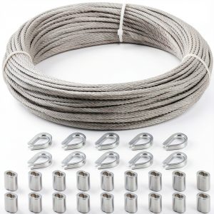 Okllen 1/8" (3MM) Wire Rope, 100FT Stainless Steel Cable, 7x7 Strand Core Metal Wire Cable with 18Pcs Aluminum Crimping Sleeves and 10Pcs Thimbles for Deck Railing Stair Handrail Balusters Clothesline-0