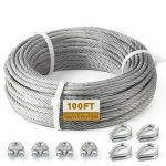 1/4" Stainless Steel Cable, 100FT Wire Rope Aircraft Cable with Cable Clamps and Thimbles for Backyard Zipline, String Lights and Deck Railing, 6x37 Strands Construction-0