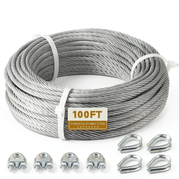 1/4" Stainless Steel Cable, 100FT Wire Rope Aircraft Cable with Cable Clamps and Thimbles for Backyard Zipline, String Lights and Deck Railing, 6x37 Strands Construction-0