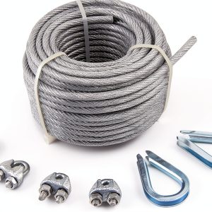 PVC Coated Galvanised Steel 7 x 7 Aircraft Cable Metal Wire Rope Kit - 50 ft, 1/8-in x 3/16-in, 340 lb Working Load - Includes 4 Rope Clips and 2 Thimbles-0