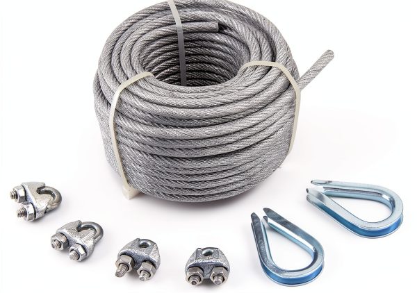 PVC Coated Galvanised Steel 7 x 7 Aircraft Cable Metal Wire Rope Kit - 50 ft, 1/8-in x 3/16-in, 340 lb Working Load - Includes 4 Rope Clips and 2 Thimbles-0