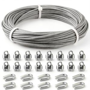 3/16 Wire Rope, 50ft Stainless Steel Cable with Wire Rope Clamps & Thimble, 3700lbs Breaking Strength, 7X19 Strands Aircraft Cable for Zipline, Deck Railing, Clothesline-0