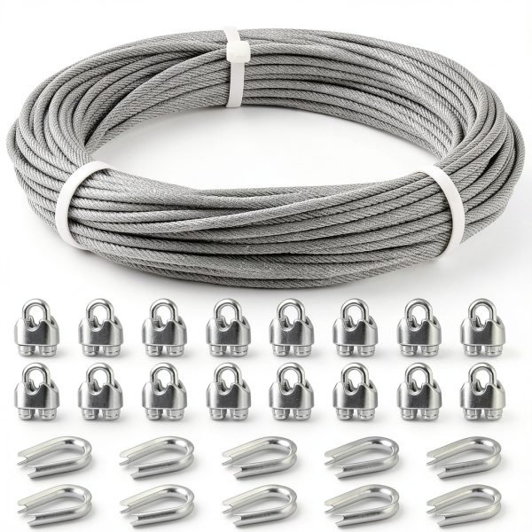 3/16 Wire Rope, 50ft Stainless Steel Cable with Wire Rope Clamps & Thimble, 3700lbs Breaking Strength, 7X19 Strands Aircraft Cable for Zipline, Deck Railing, Clothesline-0
