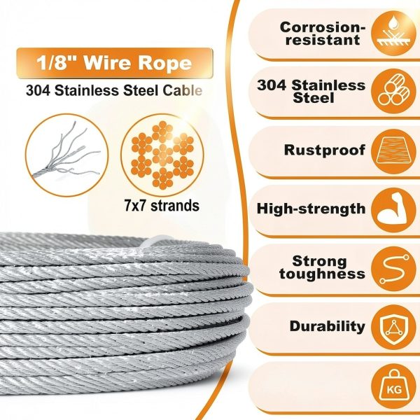 TooTaci 1/8 Stainless Steel Cable 100ft Crimping Kit 7x7 Braided-2